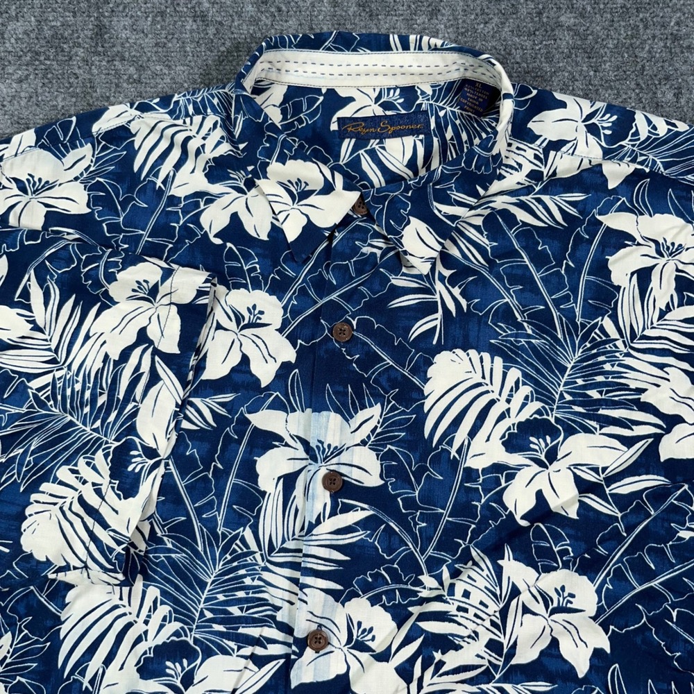 Reyn Spooner Floral Hawaiian Button Up Shirt Mens XL Cotton Tencel Blue White